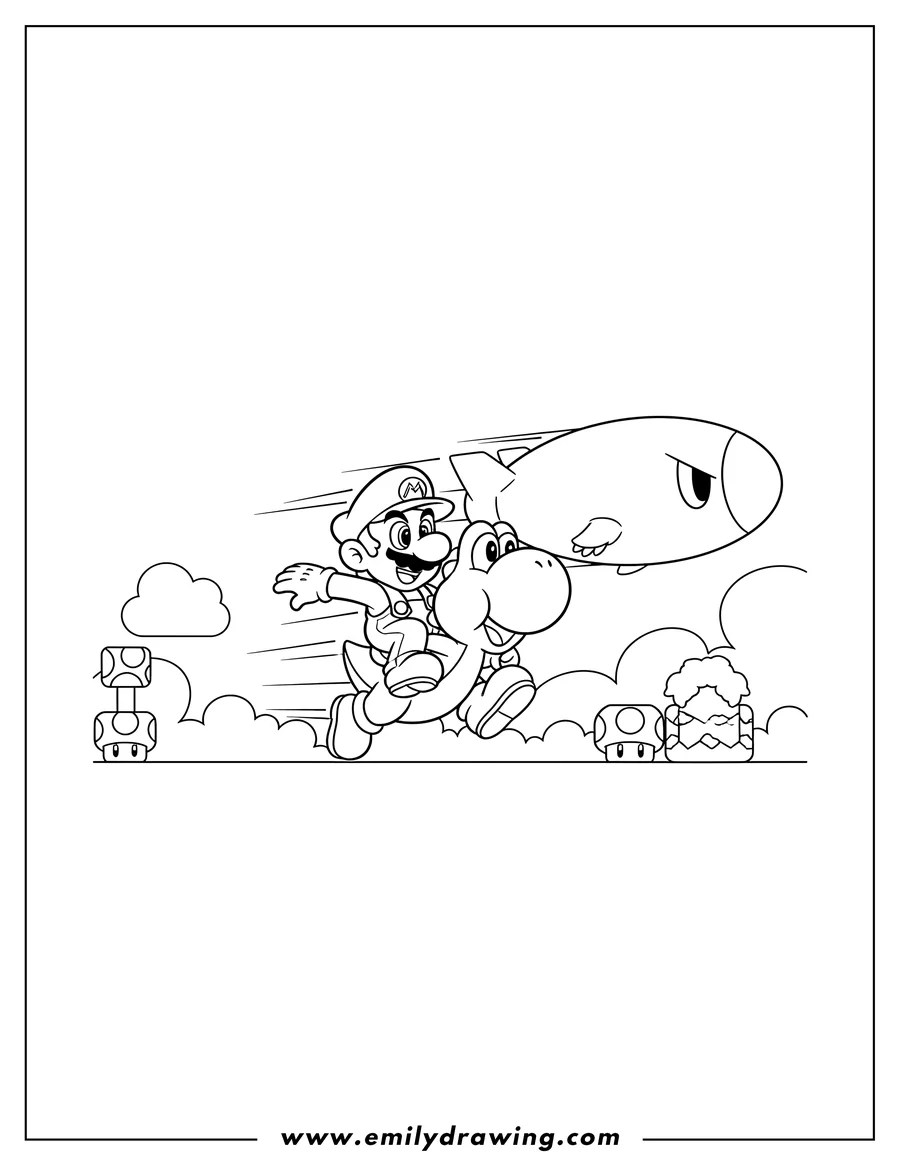 Vector style outline of mario riding Yoshi, being chased by Bullet Bill