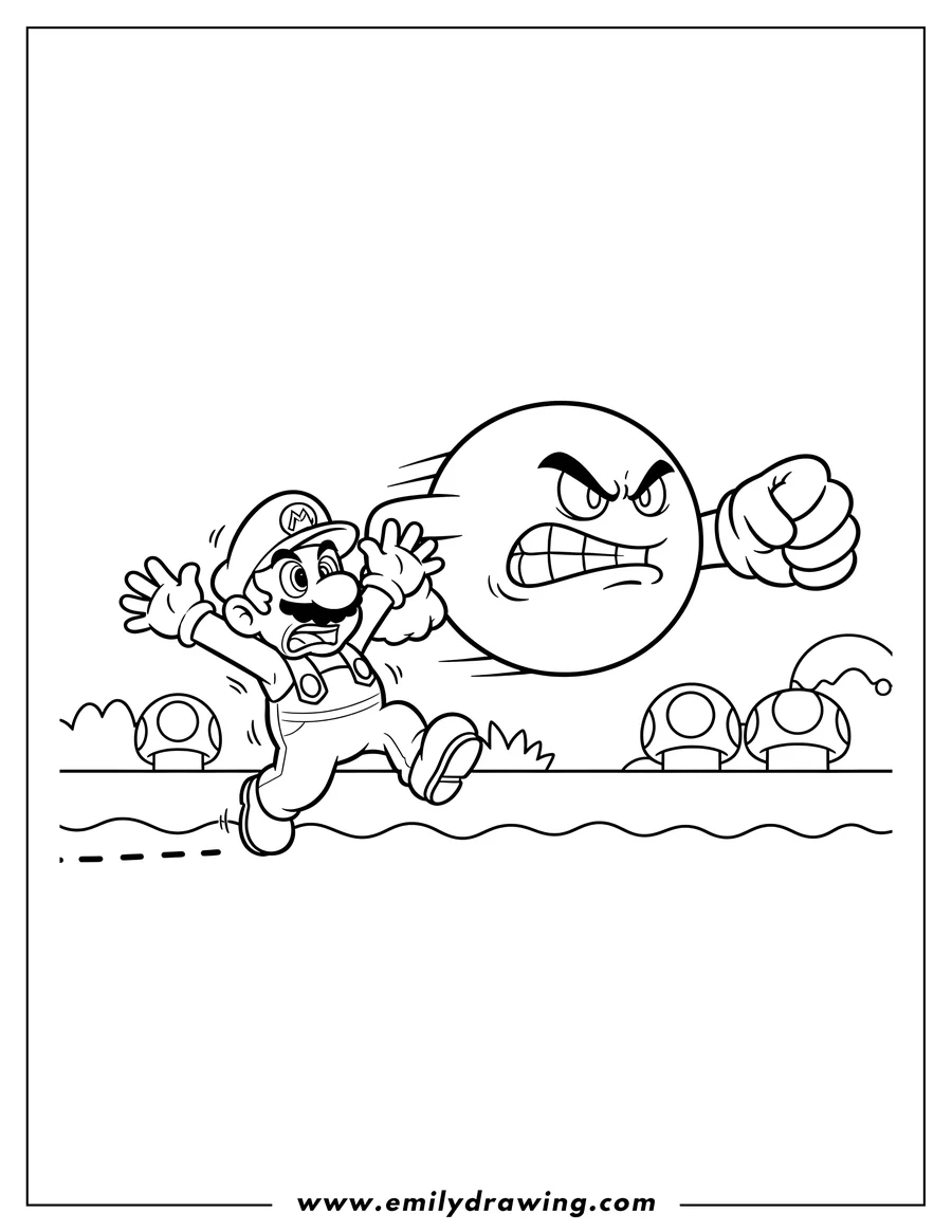 PDF style coloring page: mario running scared from a large, angry Bullet Bill with a fist