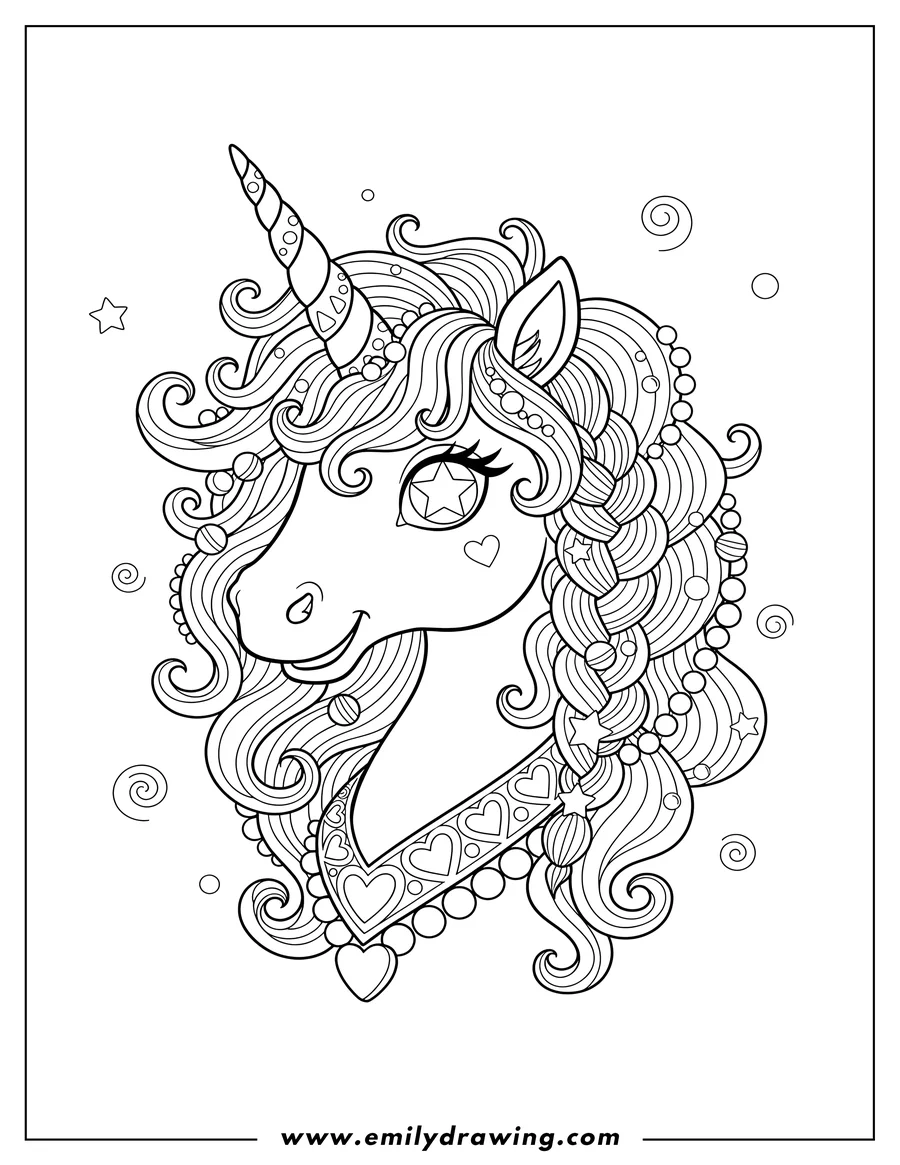 Coloring page of lisa Frank Markie Unicorn Close Up with flowing curly mane, braided with beads, and a star eye