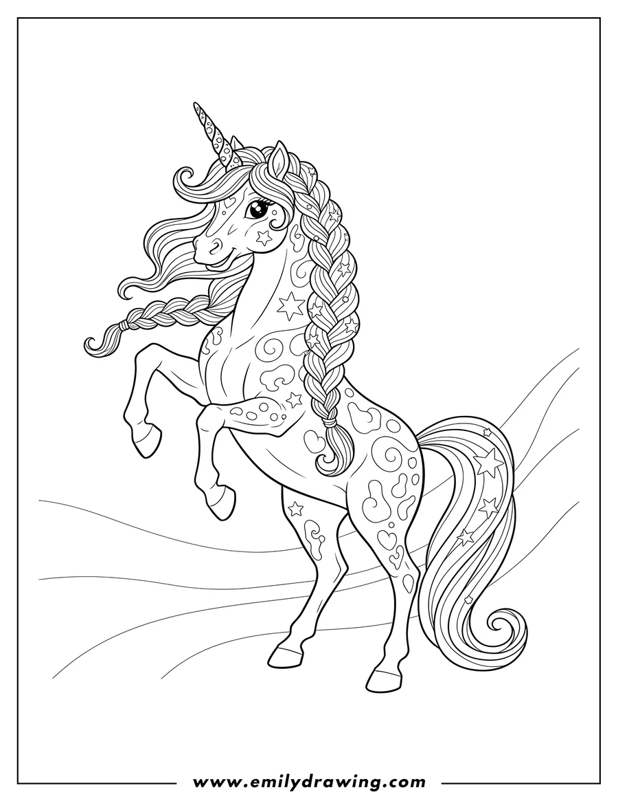 Outline drawing of lisa Frank Markie Unicorn standing with a braided mane and spotted body
