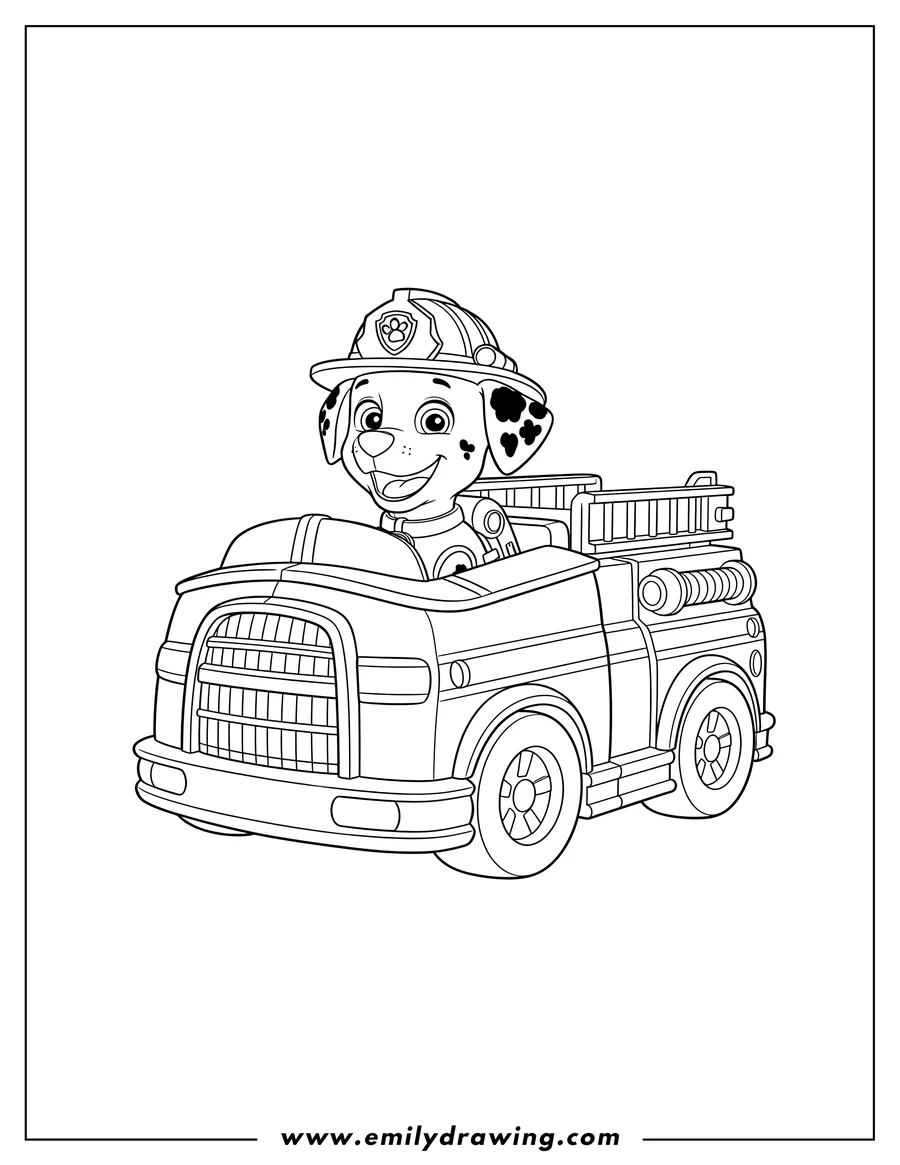 Printable coloring page of marshall the Dalmatian puppy in his fire truck, wearing a fireman's helmet