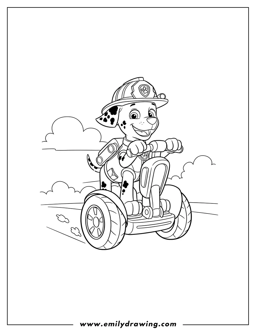 Coloring page of marshall from Paw Patrol in his firefighter helmet, happily riding a two-wheeled motorized device