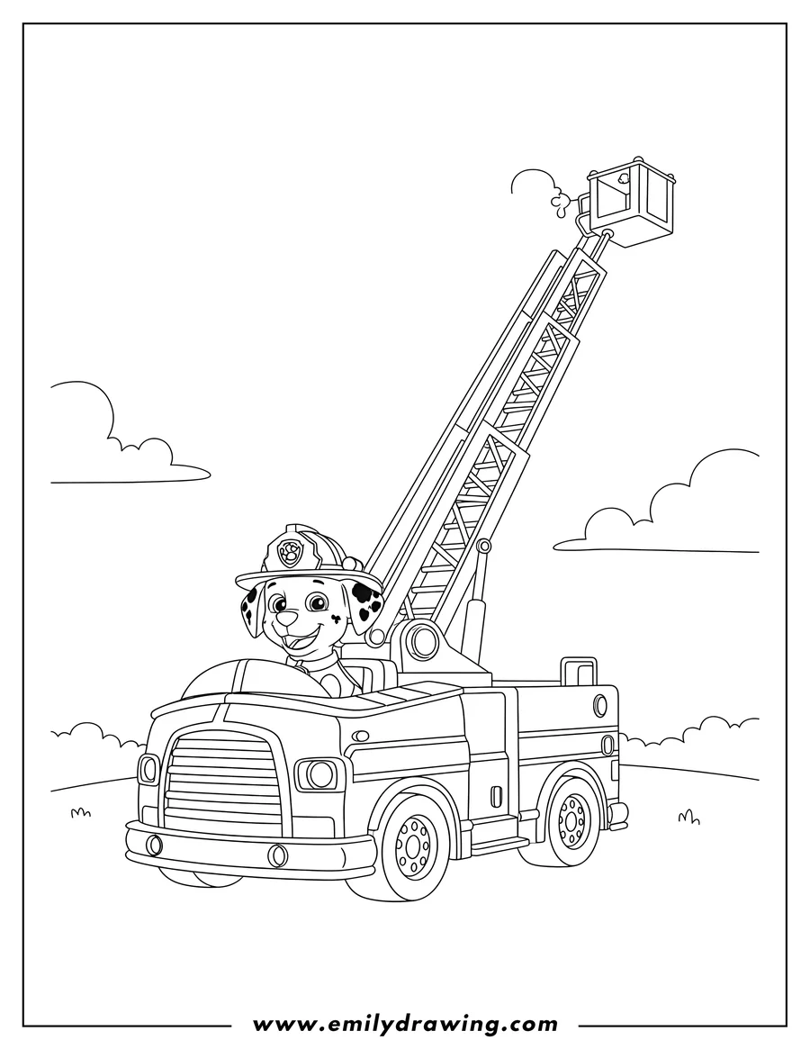Free printable coloring sheet of marshall the Dalmatian pup, wearing a firefighter hat, sitting in his fire truck with the ladder raised