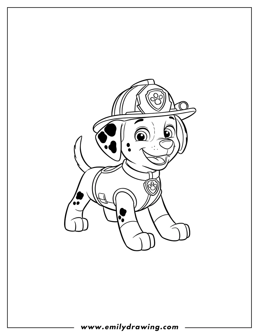 Printable line art of marshall the firefighter pup, smiling and crawling, easy to color
