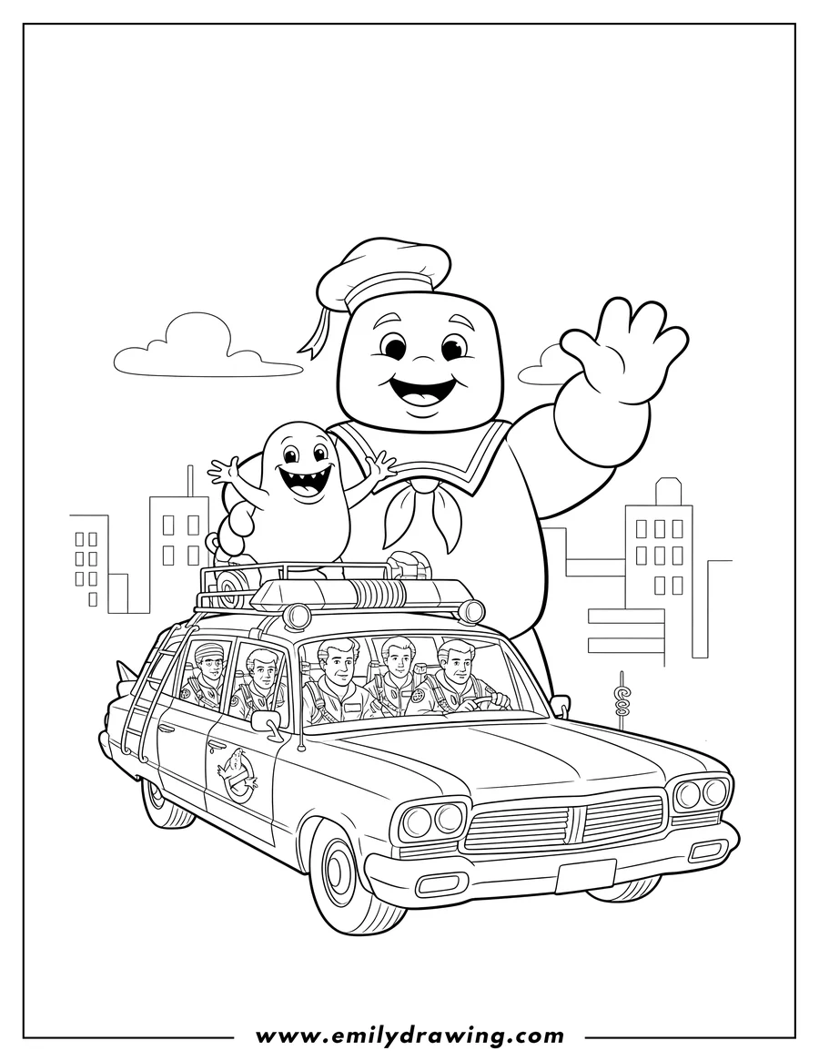 Linear illustration of marshmallow Man waving behind and Slimer on top of the Ecto-1, with Ghostbusters driving