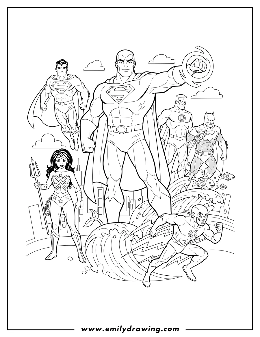 Clean line drawing: martian Manhunter, Superman flying, Green Lantern using his ring, Wonder Woman, Batman, Aquaman, and Flash running with lightning