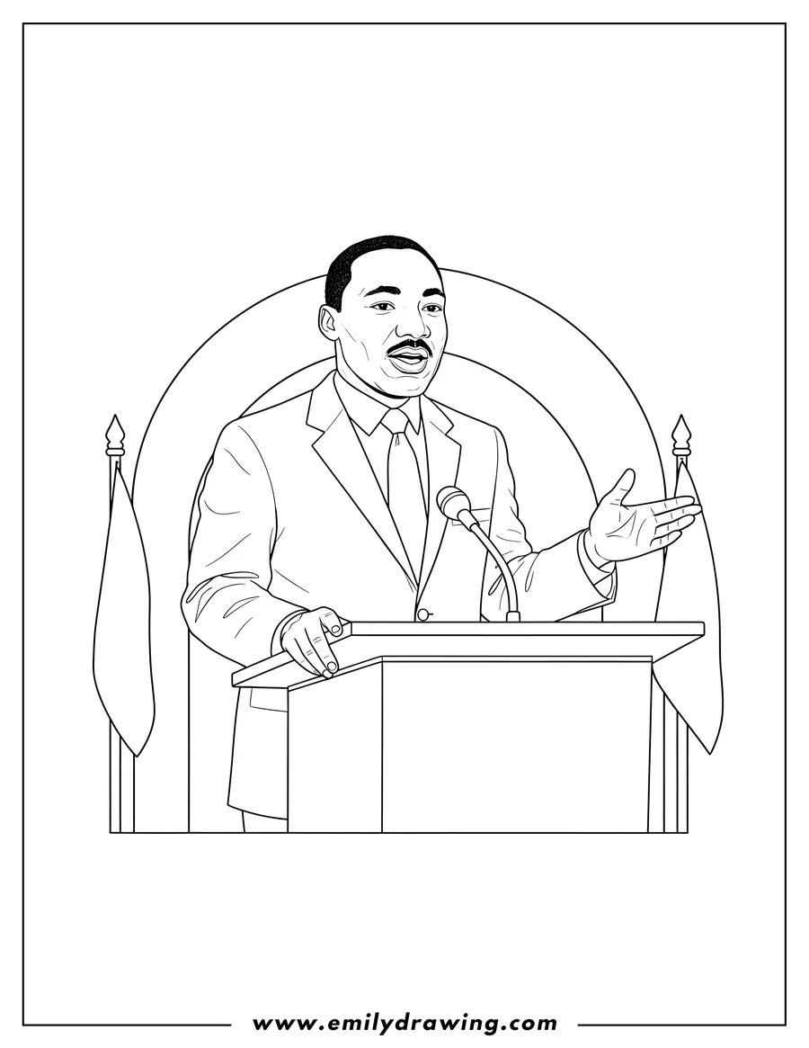Full page coloring image of martin Luther King Jr speaking at a lectern, wearing a suit and tie, with one hand on the lectern