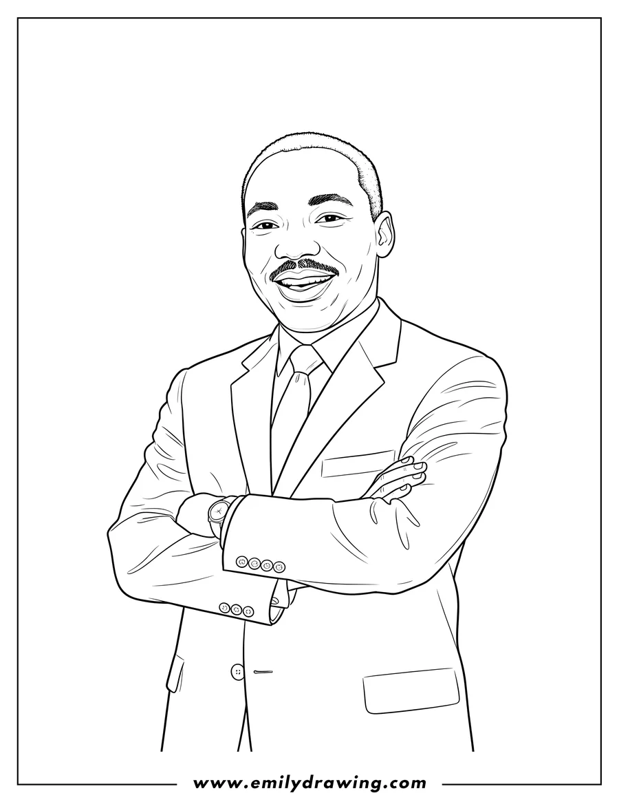Clean line drawing: martin Luther King Jr with his arms crossed, wearing a suit and tie, smiling