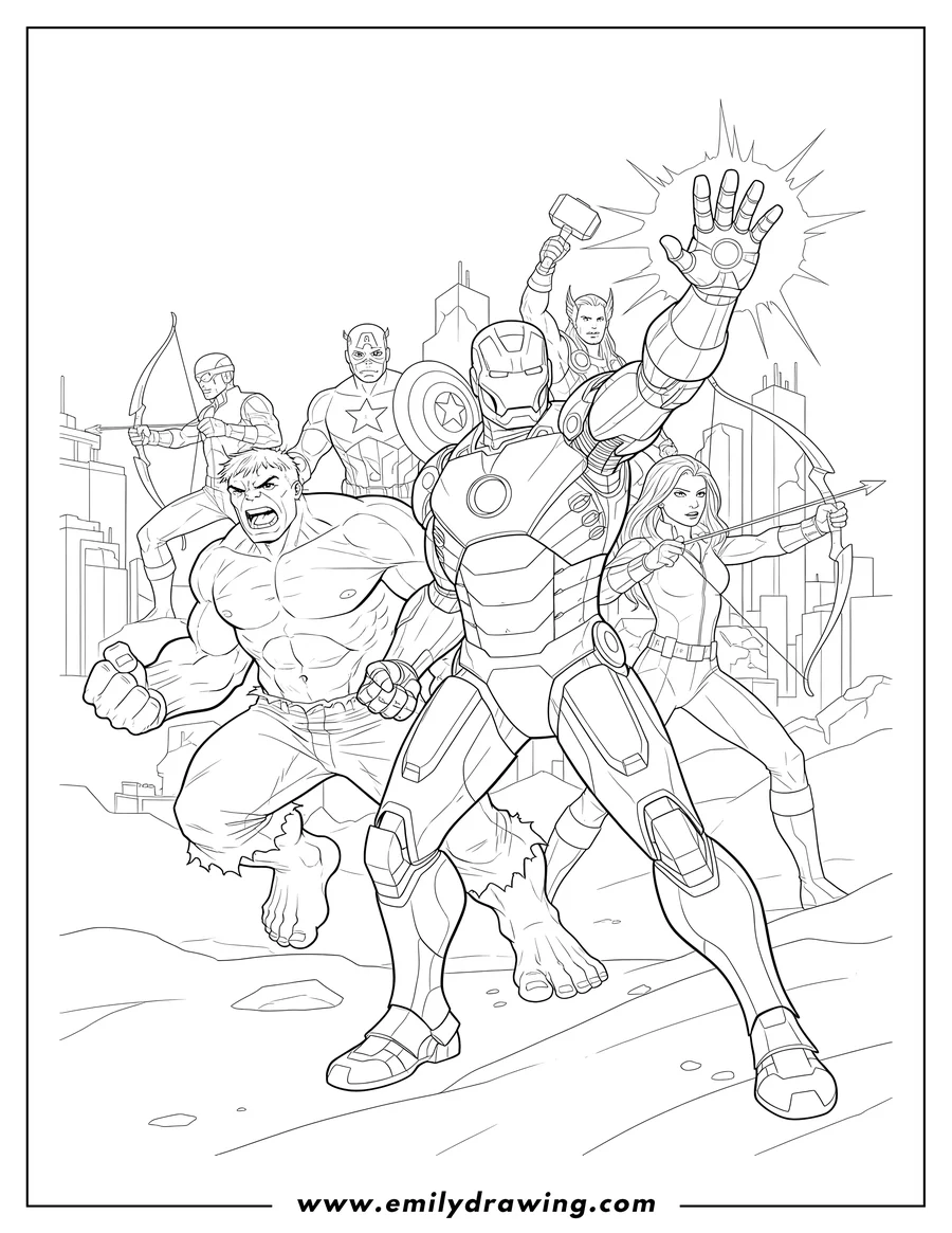 Doodle style coloring picture of marvel Avengers Superhero team, Iron Man with arm raised, Hulk leaping