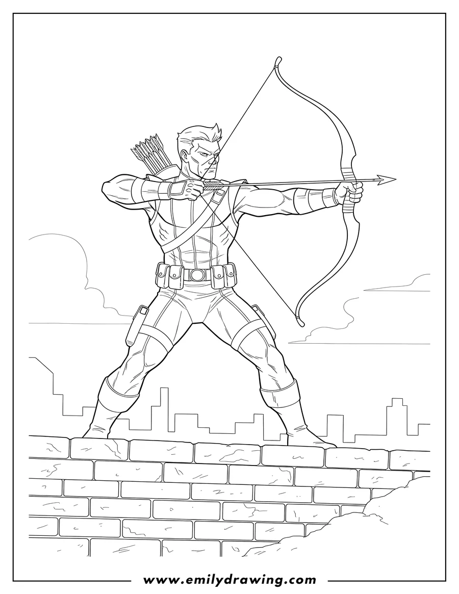 Black and white line art of marvel Comics Hawkeye drawing the bowstring, standing on a brick ledge