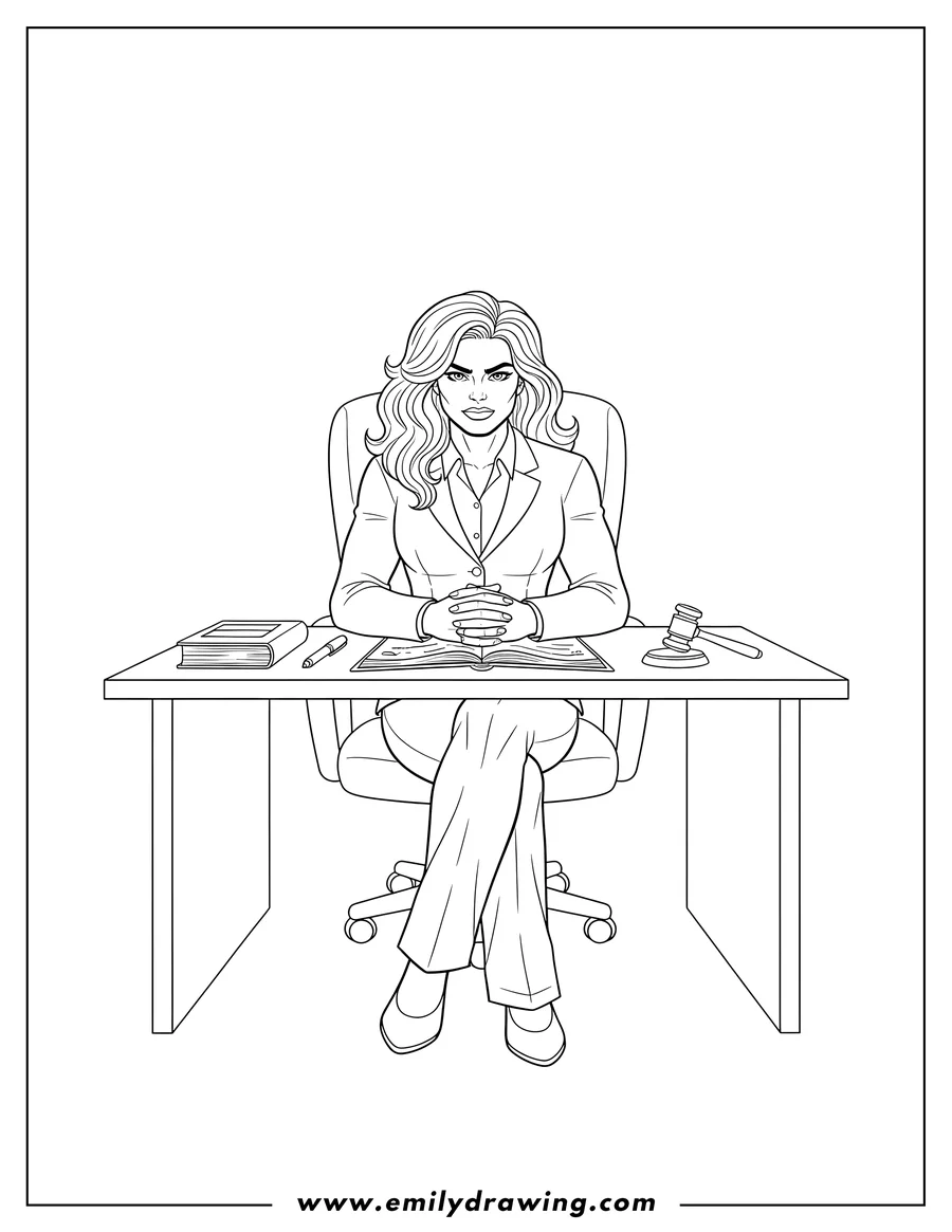 Free printable coloring sheet of marvel She Hulk Lawyer sitting at a desk with a notebook, pen, and hands clasped To Color Scaled