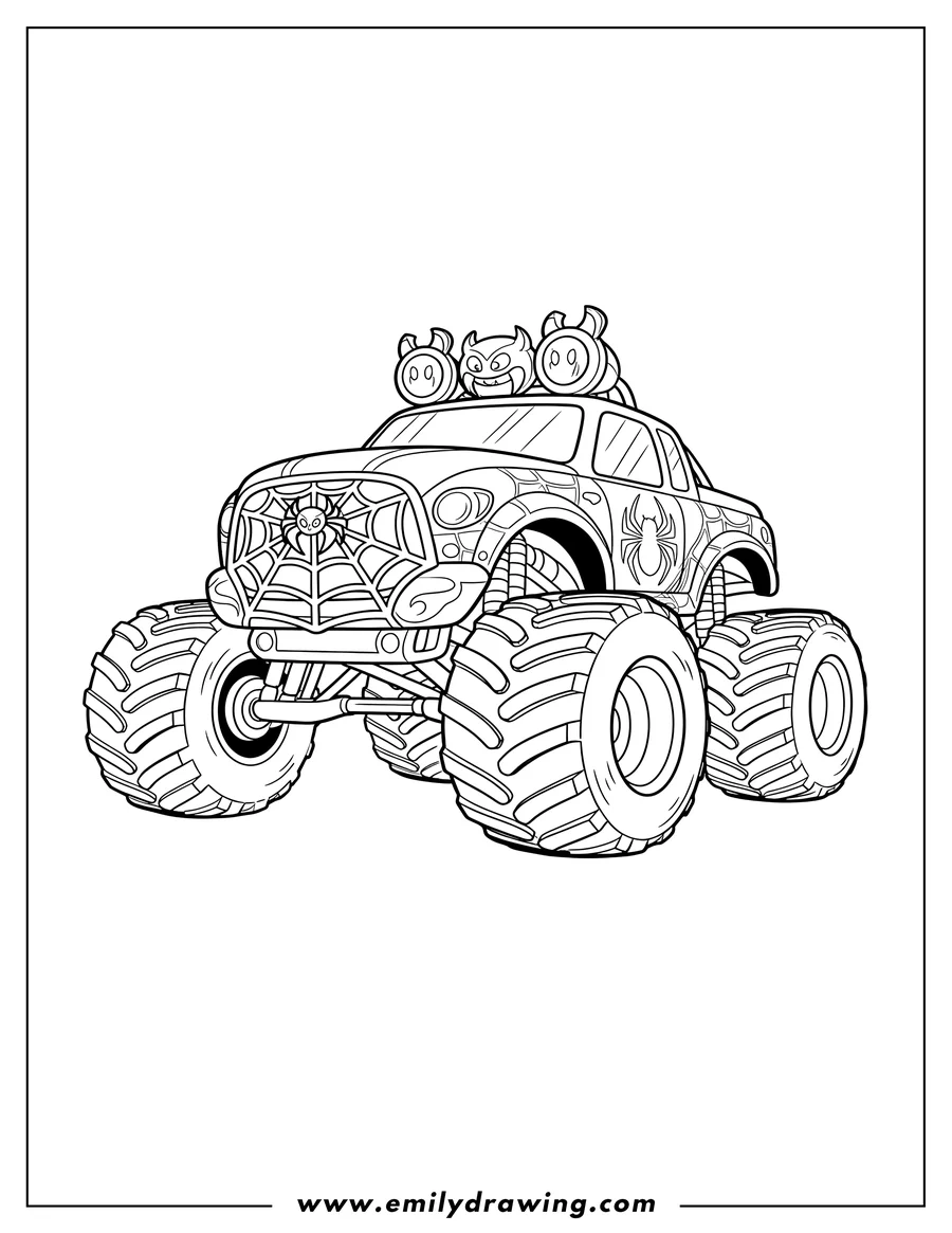 Coloring sheet featuring marvel Spidey Truck with spiderweb grille and spider-face lights on top, with large off-road tires