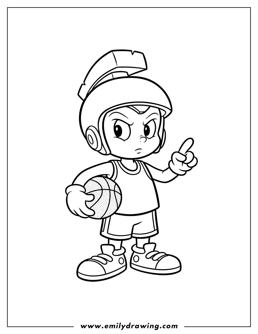 Coloring sheet featuring marvin Martian Outline Preschoolers in a basketball uniform, holding a basketball, and pointing a finger