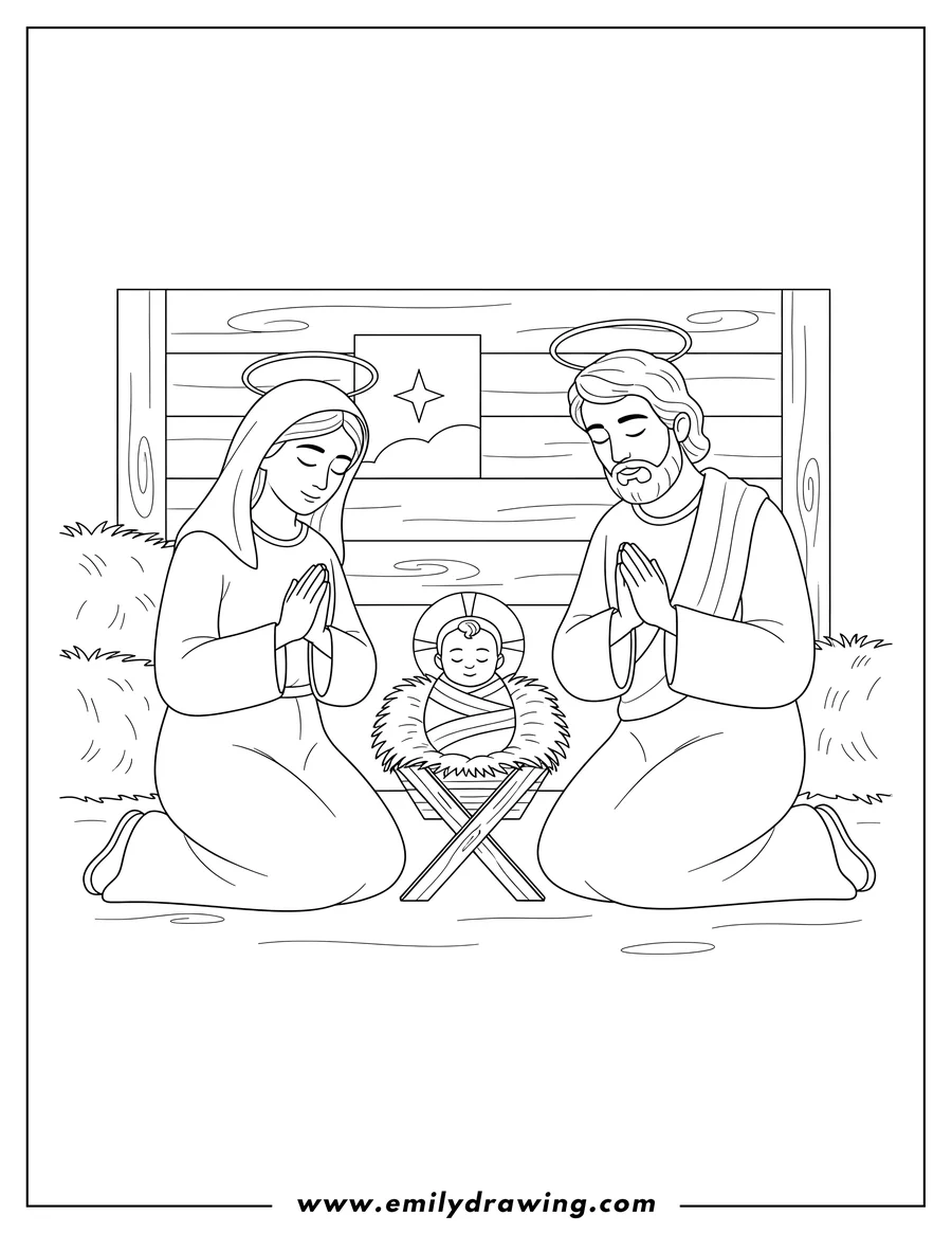 Coloring page of mary and Joseph kneeling and praying over baby Jesus in a manger