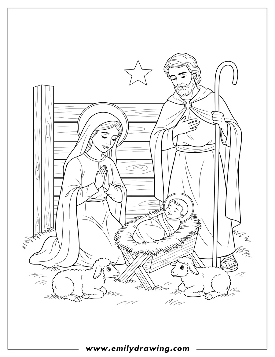 Free to print drawing of mary And Joseph Watching Over Newborn Jesus Nativity, with Mary praying, Joseph holding a staff, and lambs nearby