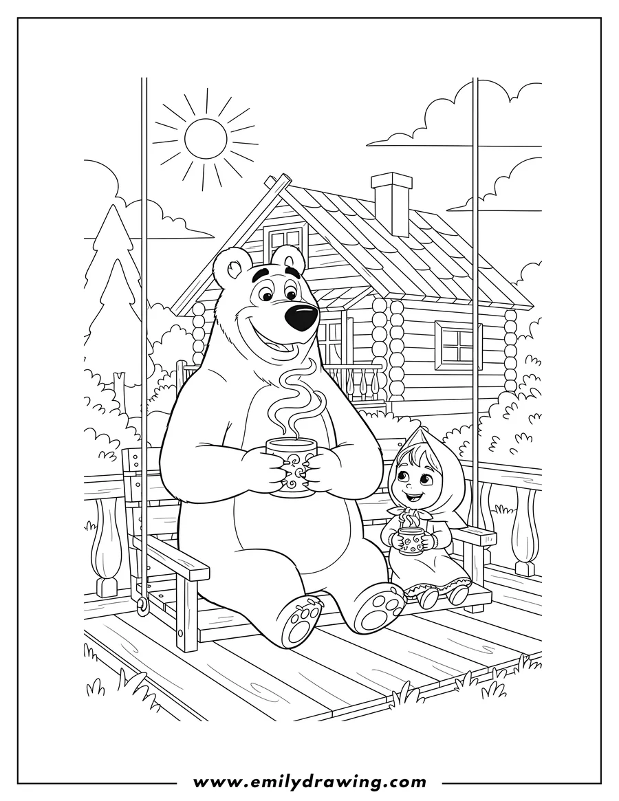 Simple sketch of masha And Bear sitting on the porch, drinking steaming hot beverages outside house to color