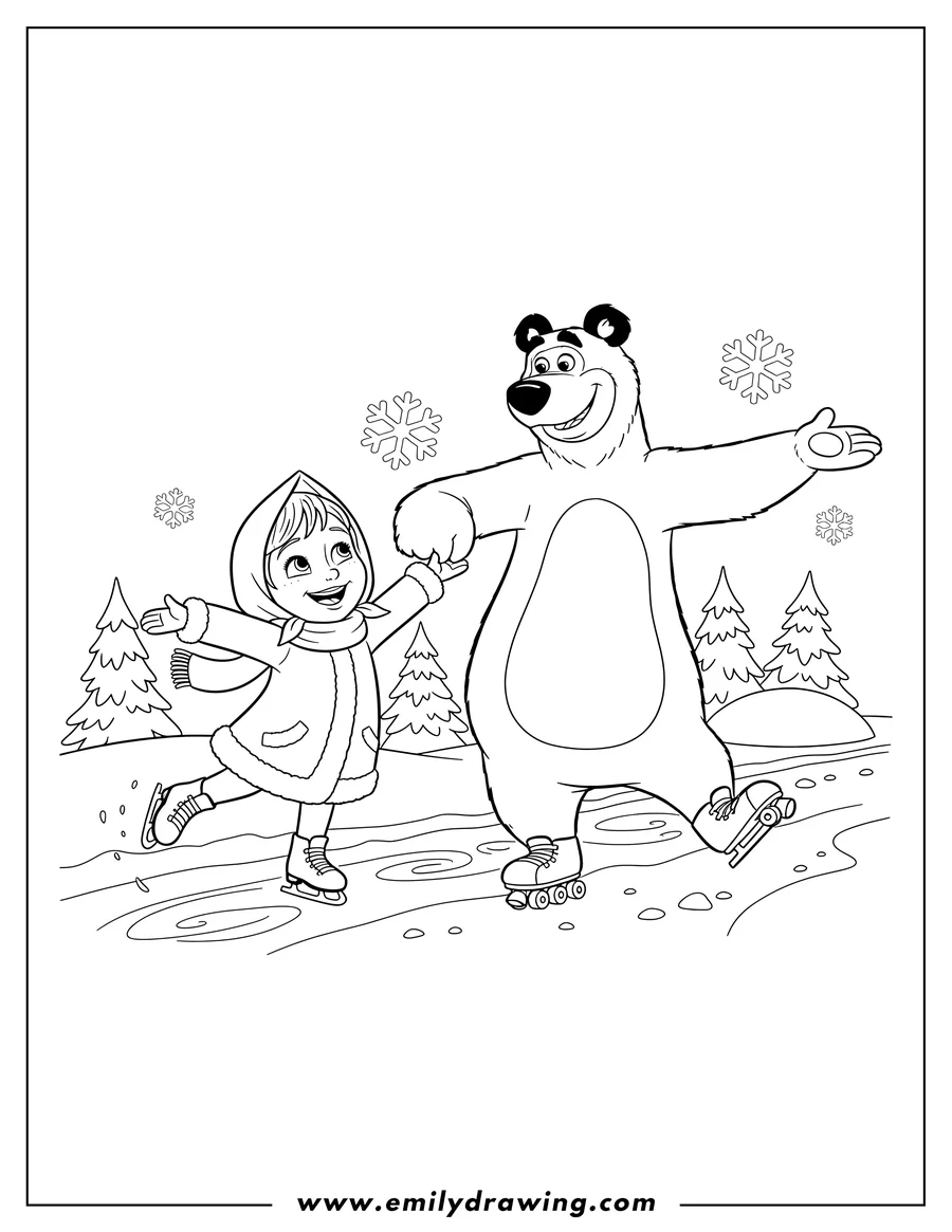 Printable coloring page of masha ice skating with Bear roller skating in snow