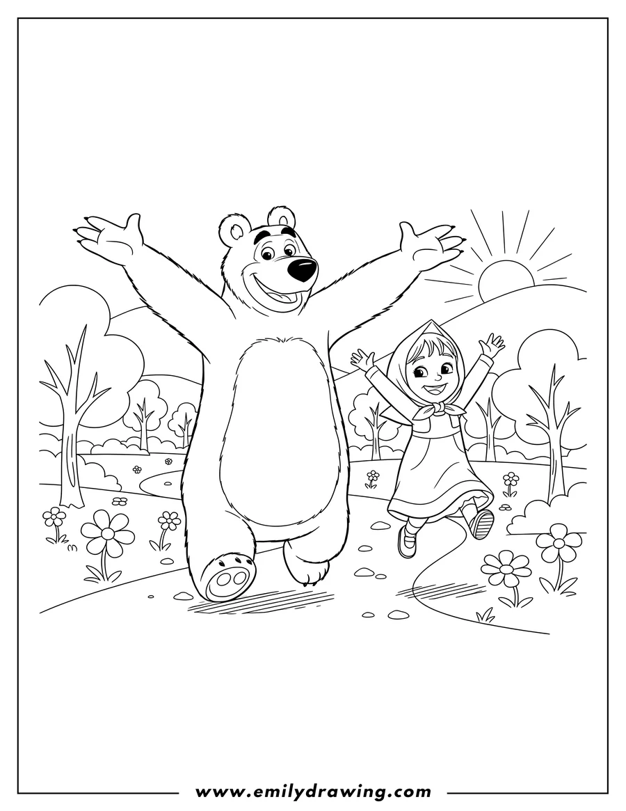 Linear illustration of masha And Bear Running Down Path, Bear with open arms and Masha jumping joyfully