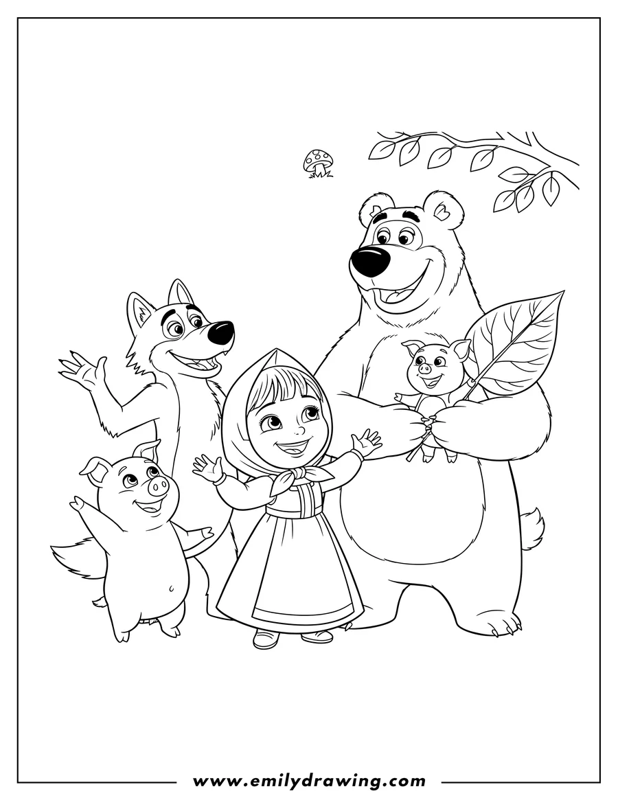 Outline drawing of masha, Bear holding Rosie and a leaf, Silly the pig waving, and Sly the wolf, all smiling together