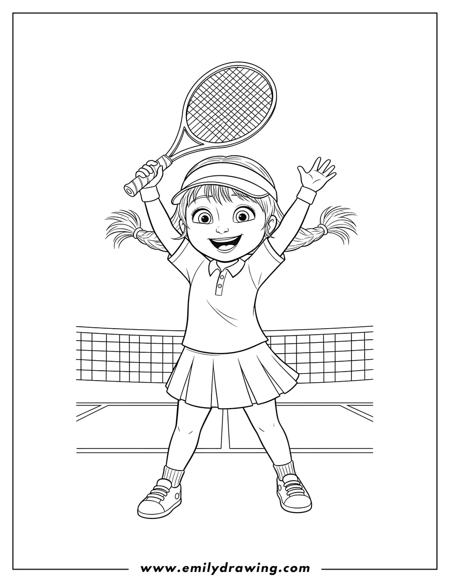 Black and white line art of masha in a tennis outfit, holding a tennis racket above her head and smiling