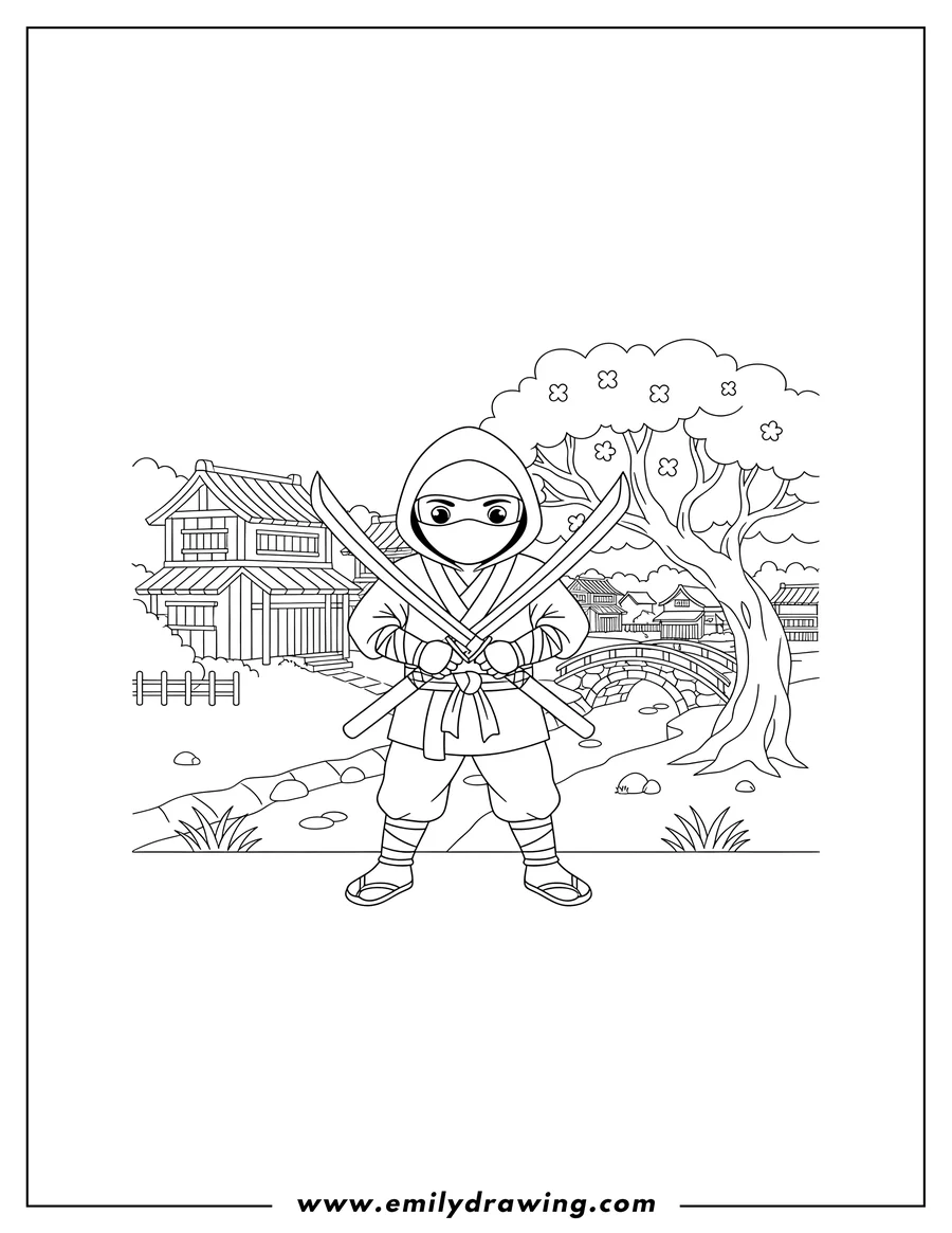 Black and white line art of masked and hooded ninja holding swords in an old Japanese village