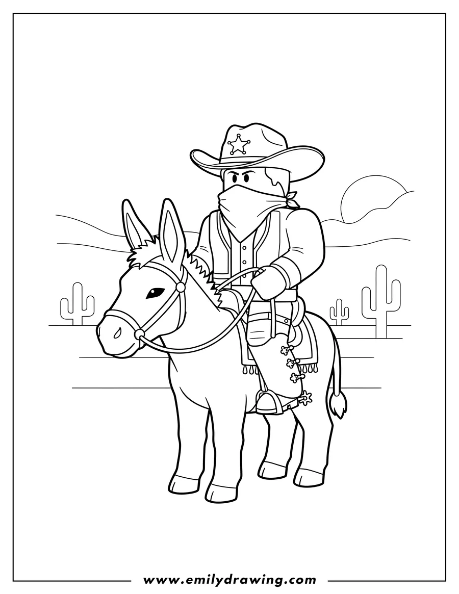 Simple sketch of roblox Wild West masked character riding a donkey to color
