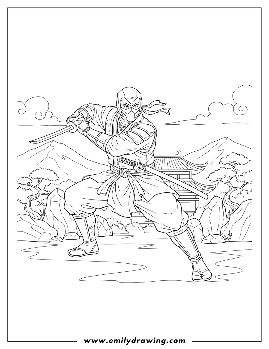 Coloring sheet featuring masked seasoned ninja crouching and drawing a katana in a garden with mountain landscape