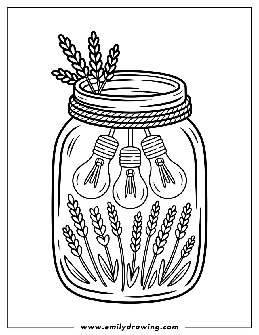 Outline of a mason jar decorated with rope around the rim, containing lavender stalks and three hanging light bulbs.