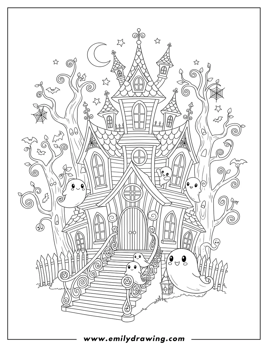 Printable coloring page of massive Haunted House With Cute Ghosts floating around and on a grand staircase, with a Spooky Forest