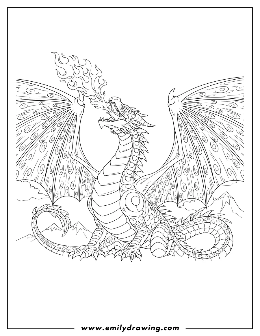 Clean line drawing: massive Ignitus Dragon Breathing Out Fire, with large, spread wings and intricate scales