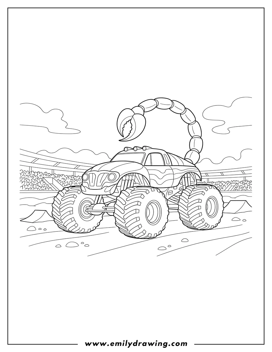 Outline drawing of massive Monster Truck With Scorpion Tail on a track