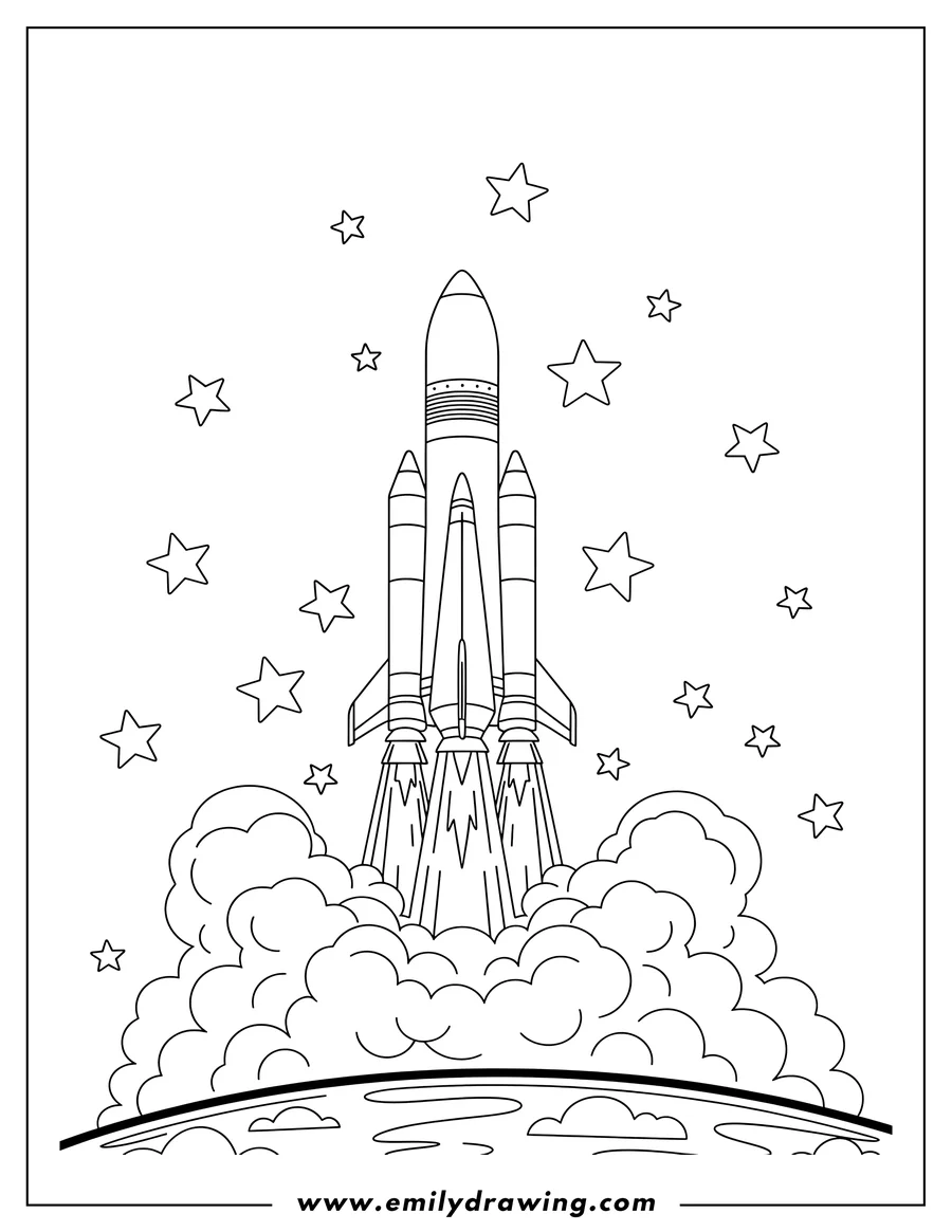 Downloadable coloring page of massive multi-stage rocket launching into space with thick exhaust clouds and outlined stars