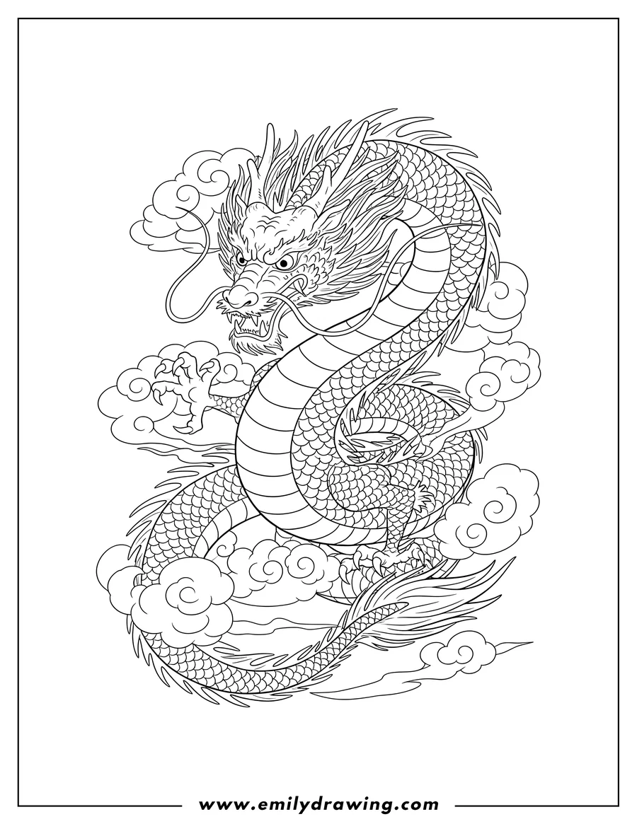 PDF style coloring page: massive Oriental Dragon, coiled and fierce, emerging from clouds