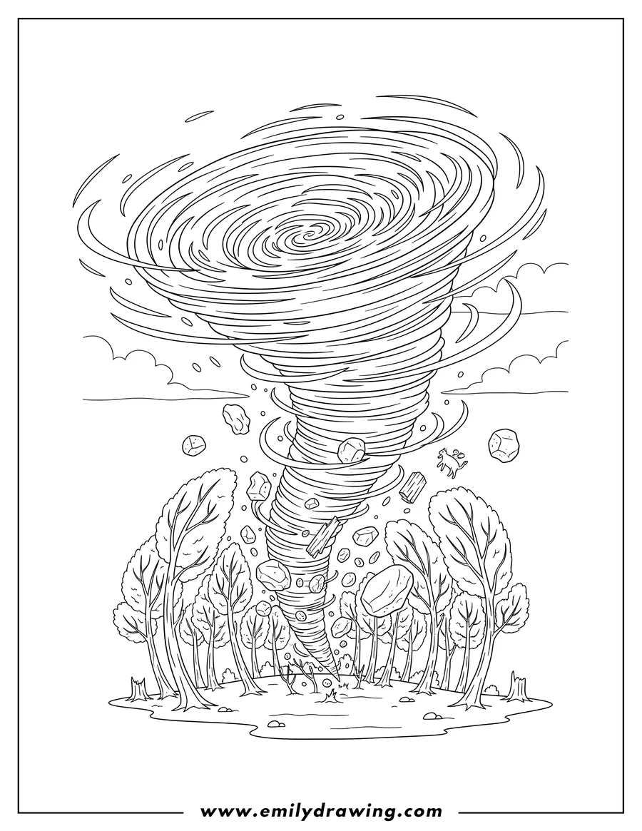 Coloring sheet featuring massive swirling tornado passing through a forest with flying debris