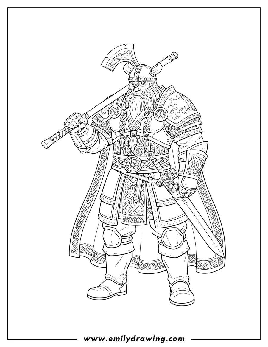 Downloadable coloring page of massive Viking in full armor, standing, with a long axe on his shoulder, a sword at his side, and a braided beard