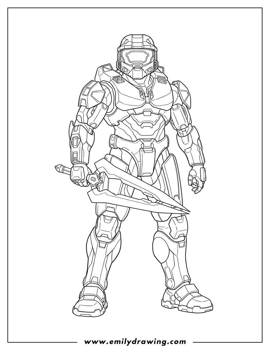 Doodle style coloring picture of halo Master Chief John 117 standing, holding an Energy Sword in his right hand