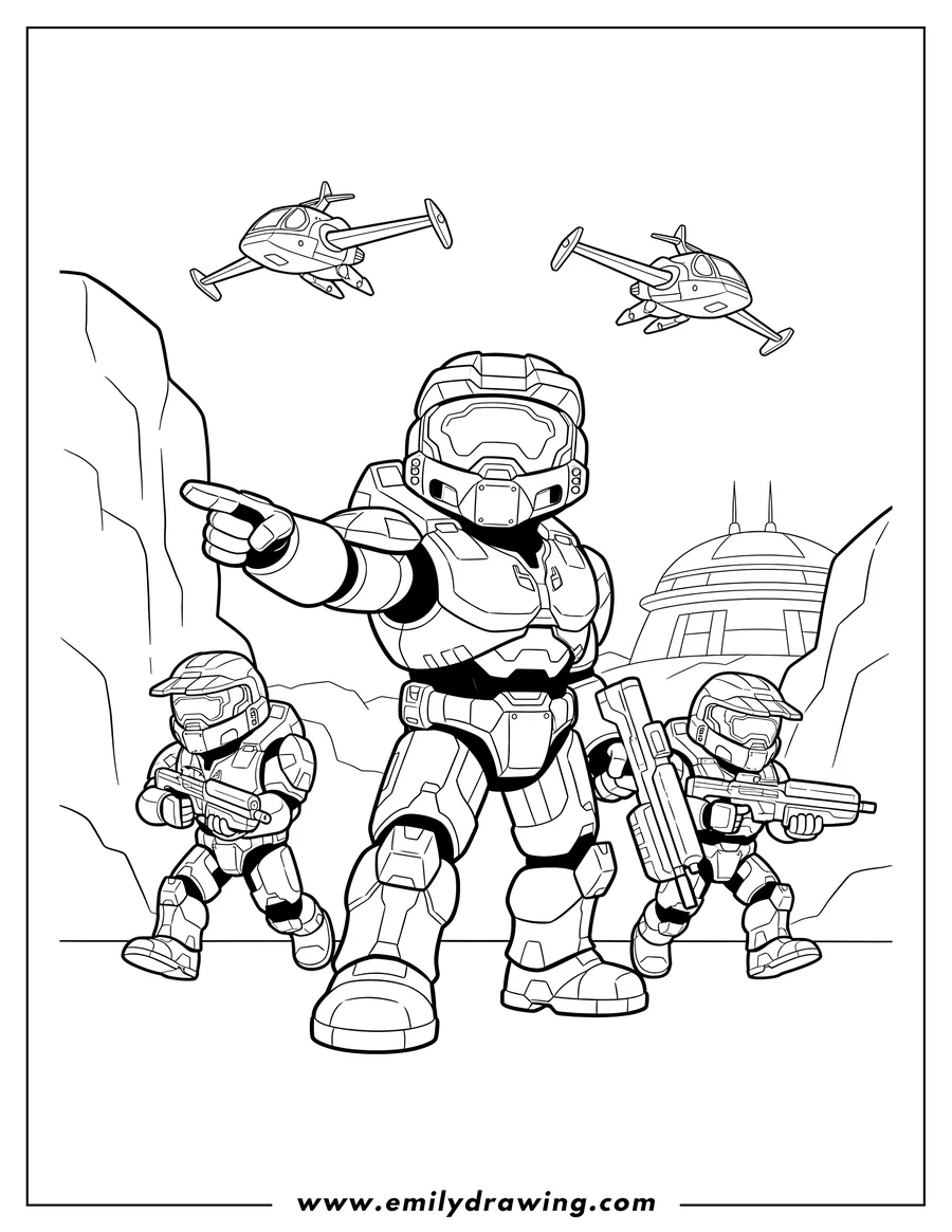 Printable coloring page of halo Wars Master Chief Leading Group of Armed Spartans, with aircraft flying overhead