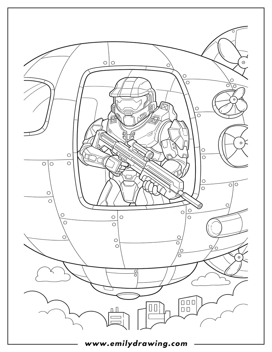 Downloadable coloring page of halo Master Chief holding a rifle, looking down from an airship