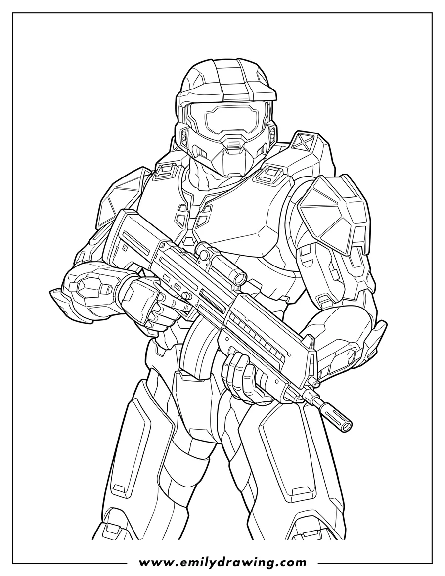Coloring page for kids: halo Video Game: Master Chief standing and holding a rifle