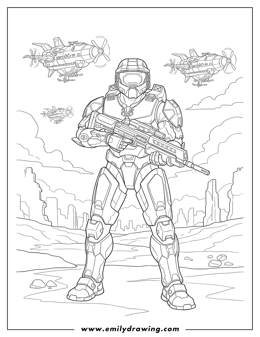 Full page coloring image of halo Master Chief standing and holding a rifle, on a battlefield with airships in the sky