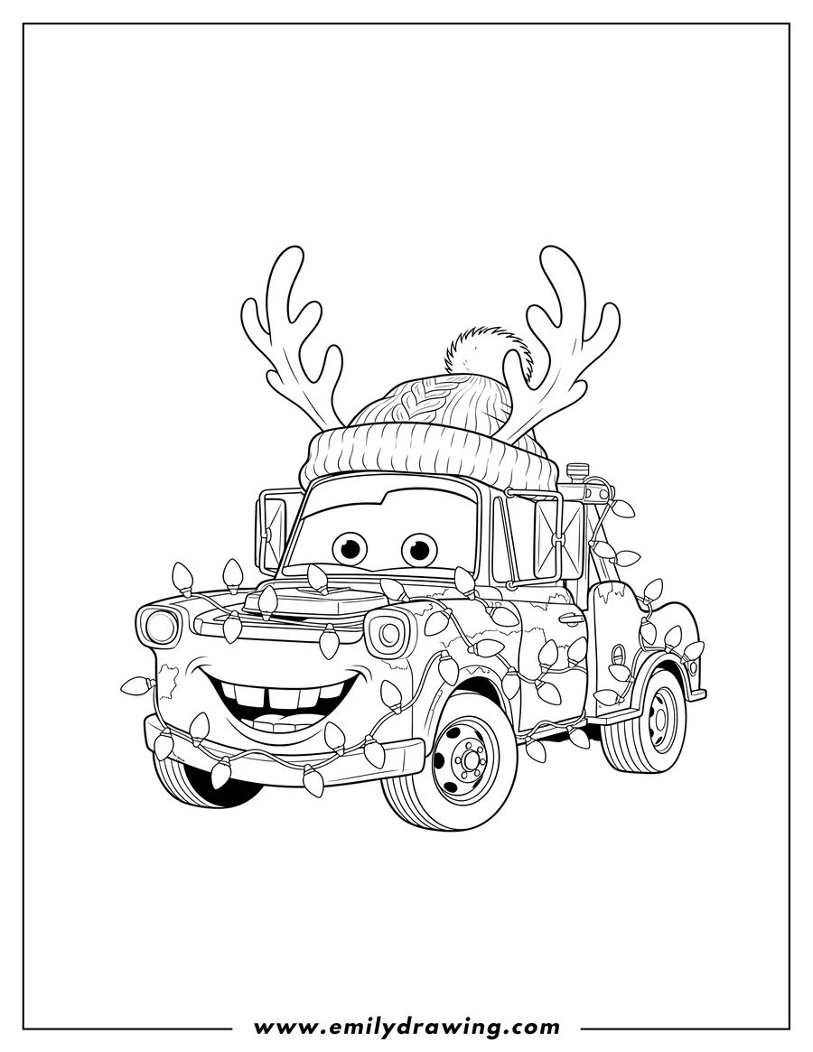 Black and white line art of mater wearing a winter hat with reindeer antlers, smiling happily, and covered in Christmas lights