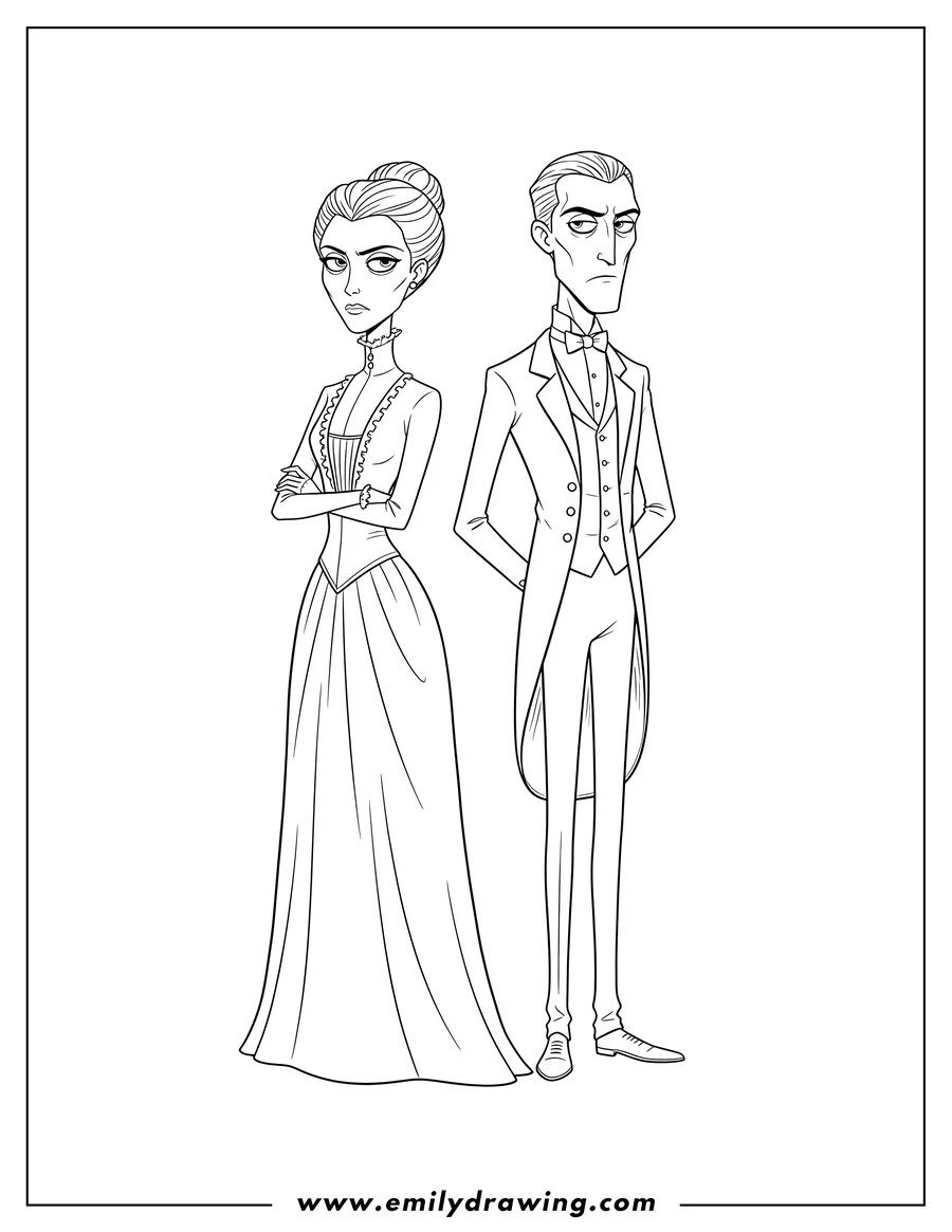 Printable coloring page of maudeline And Finis Everglot standing sternly