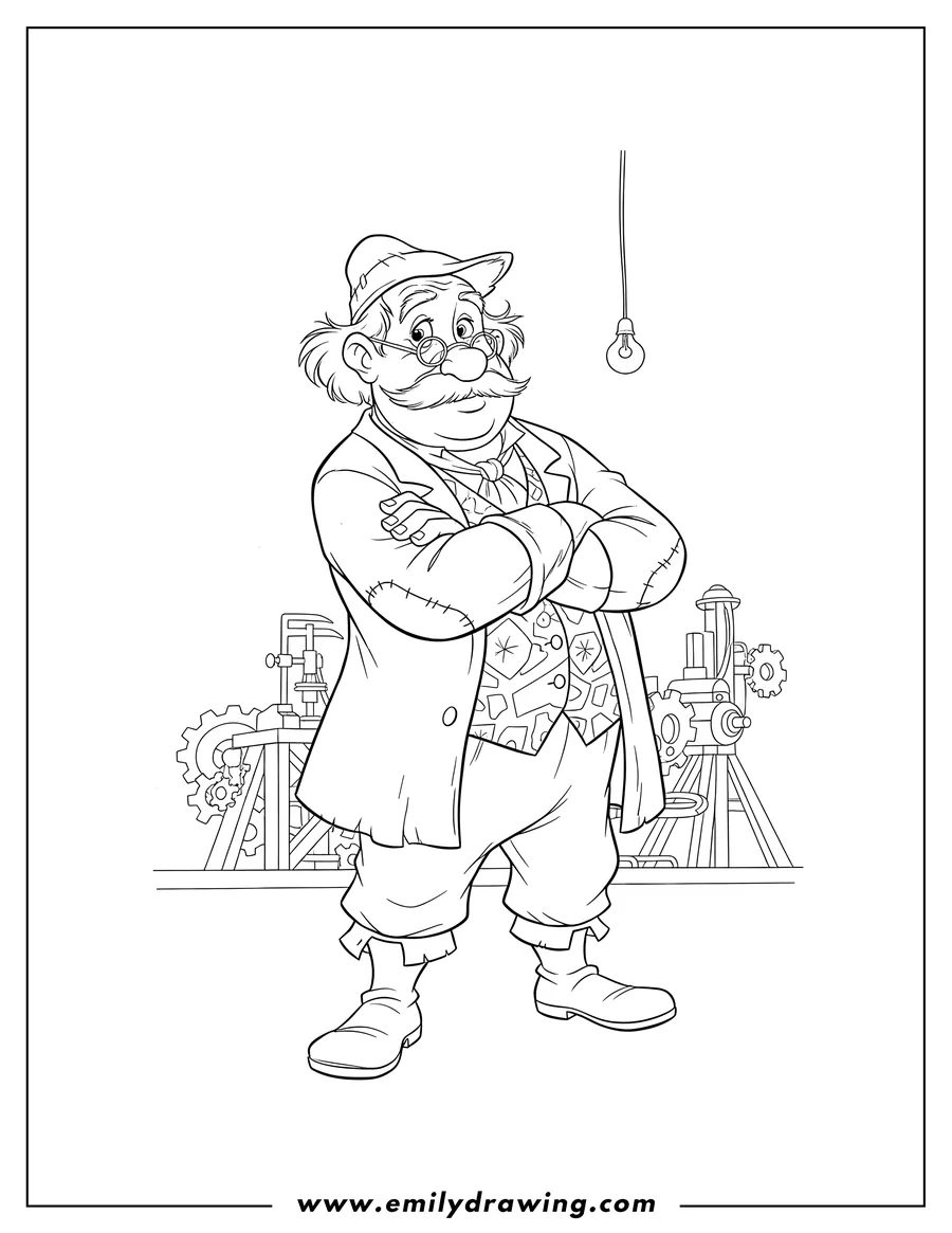 Coloring page for kids: belle's Father Maurice with mustache, standing with arms crossed