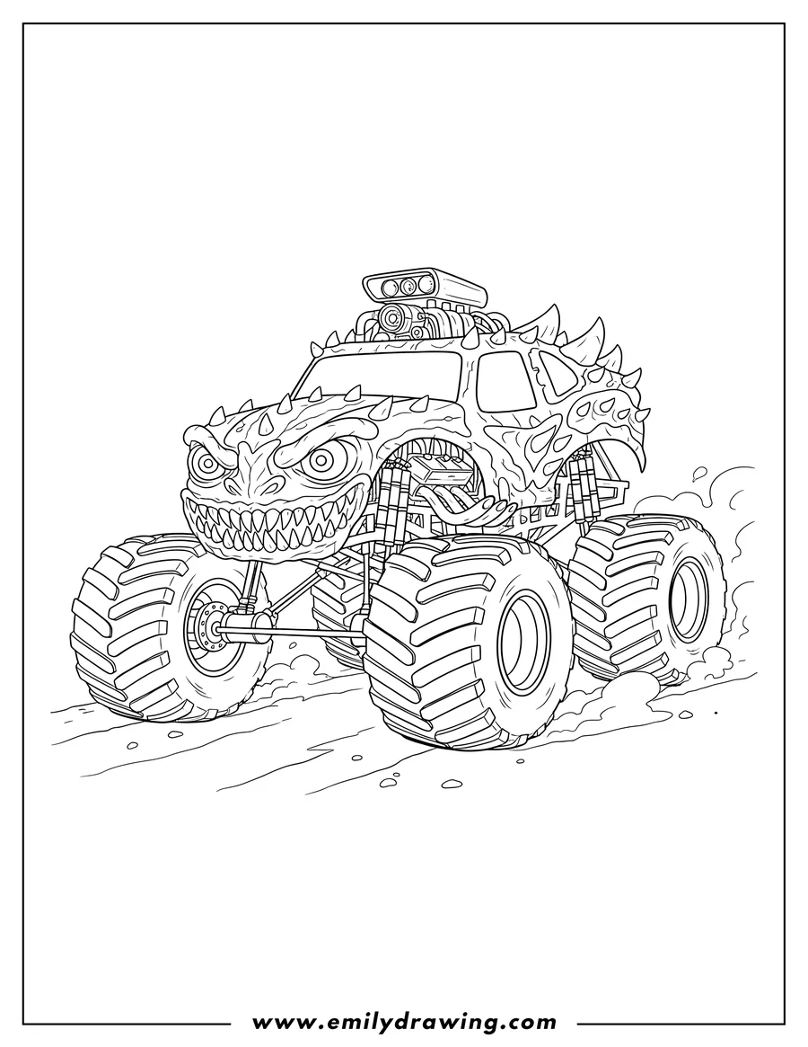 Coloring page for kids: max D Monster Truck with a monster face, spiky body, and exposed engine details