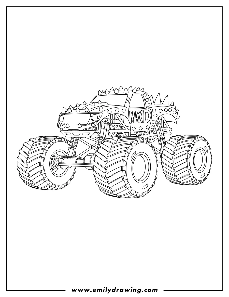 Coloring sheet featuring max D Monster Truck with studded body and huge tires
