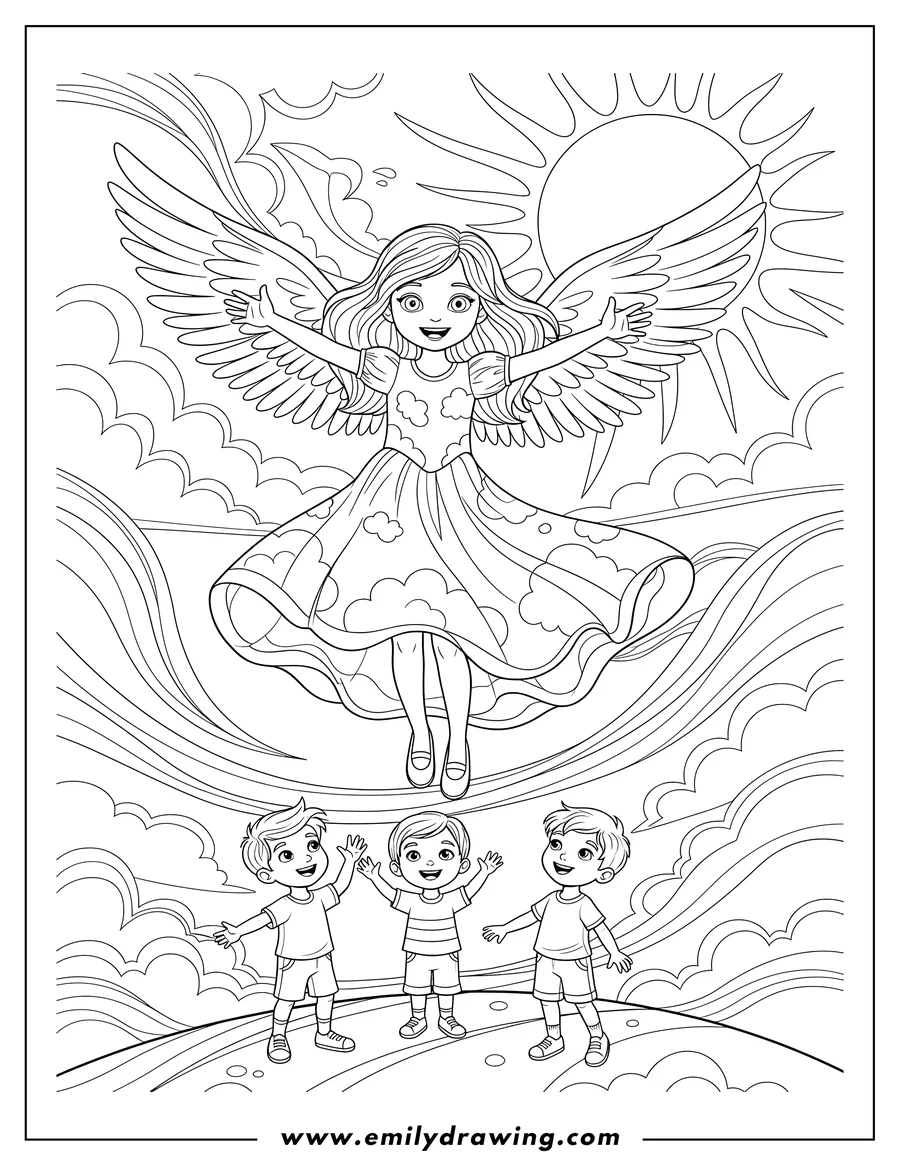 Coloring page for kids: max Floating Sky Scaled with arms outstretched as three boys look up at her