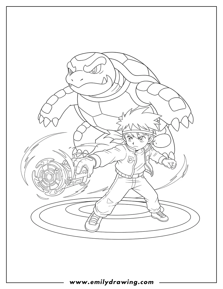Linear illustration of max Tate with Beyblade Draciel, in a launching pose with Draciel's spirit appearing