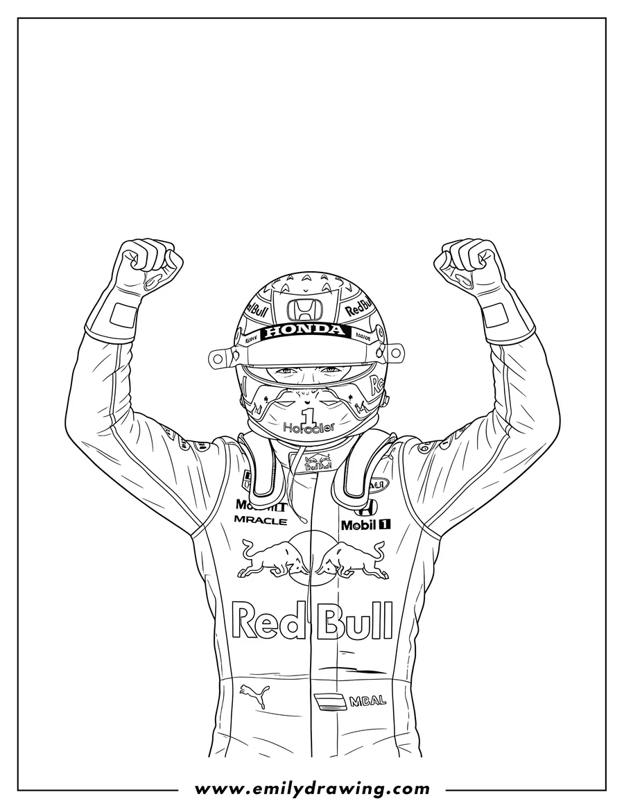 Coloring page for kids: detailed Max Verstappen Honda Helmet And Racing Gear with raised, clenched fists