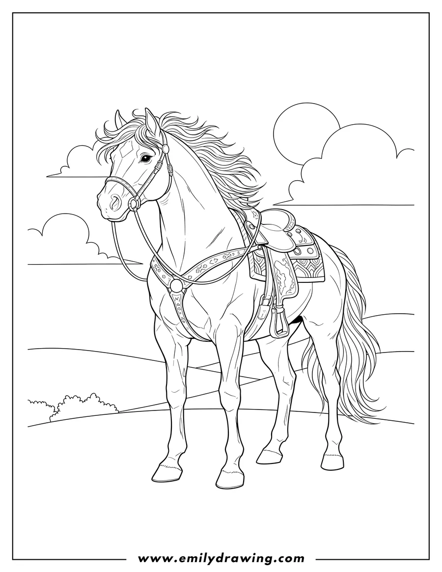 Full page coloring image of maximus Horse standing with saddle and bridle