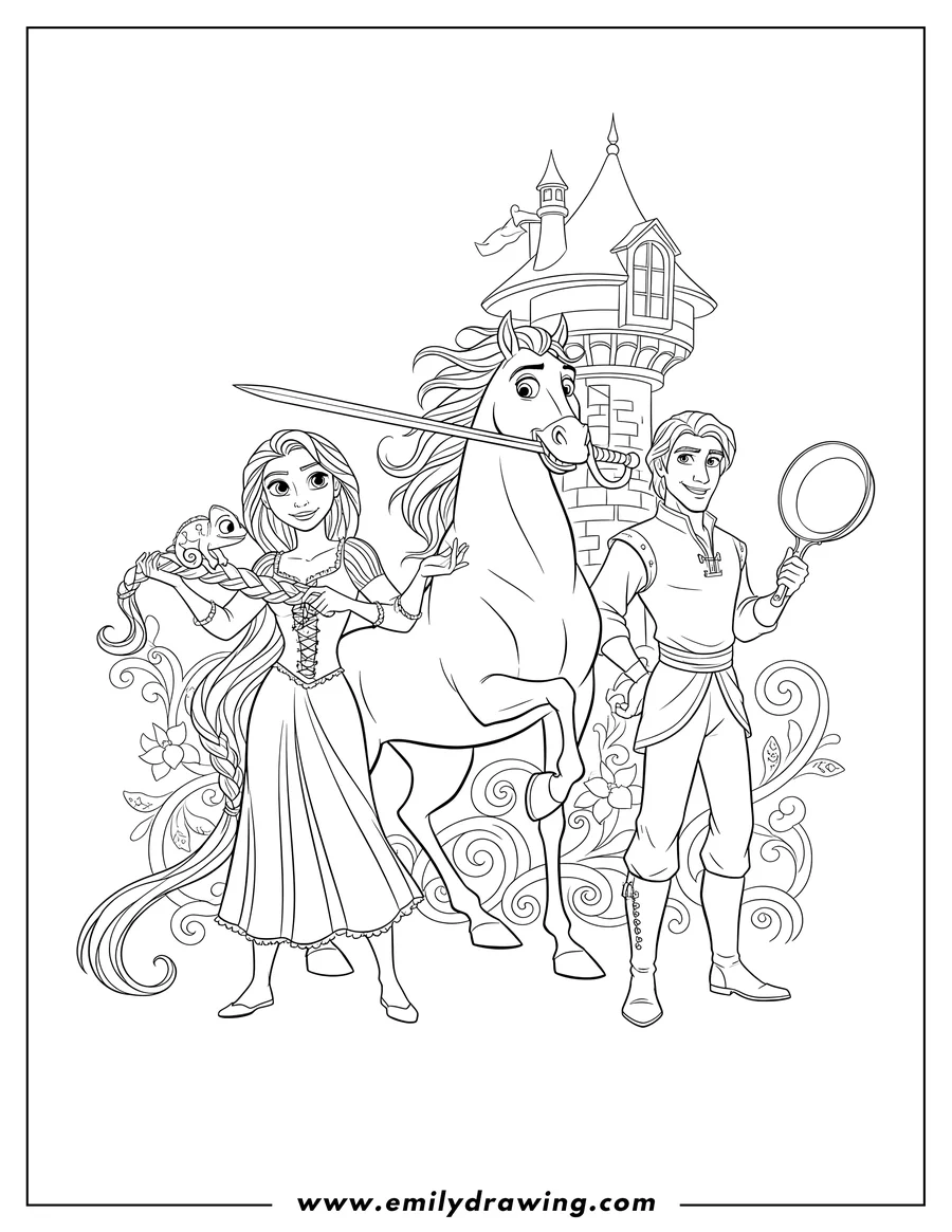 Simple sketch of maximus with a sword, Rapunzel with Pascal, and Eugene holding a frying pan to color